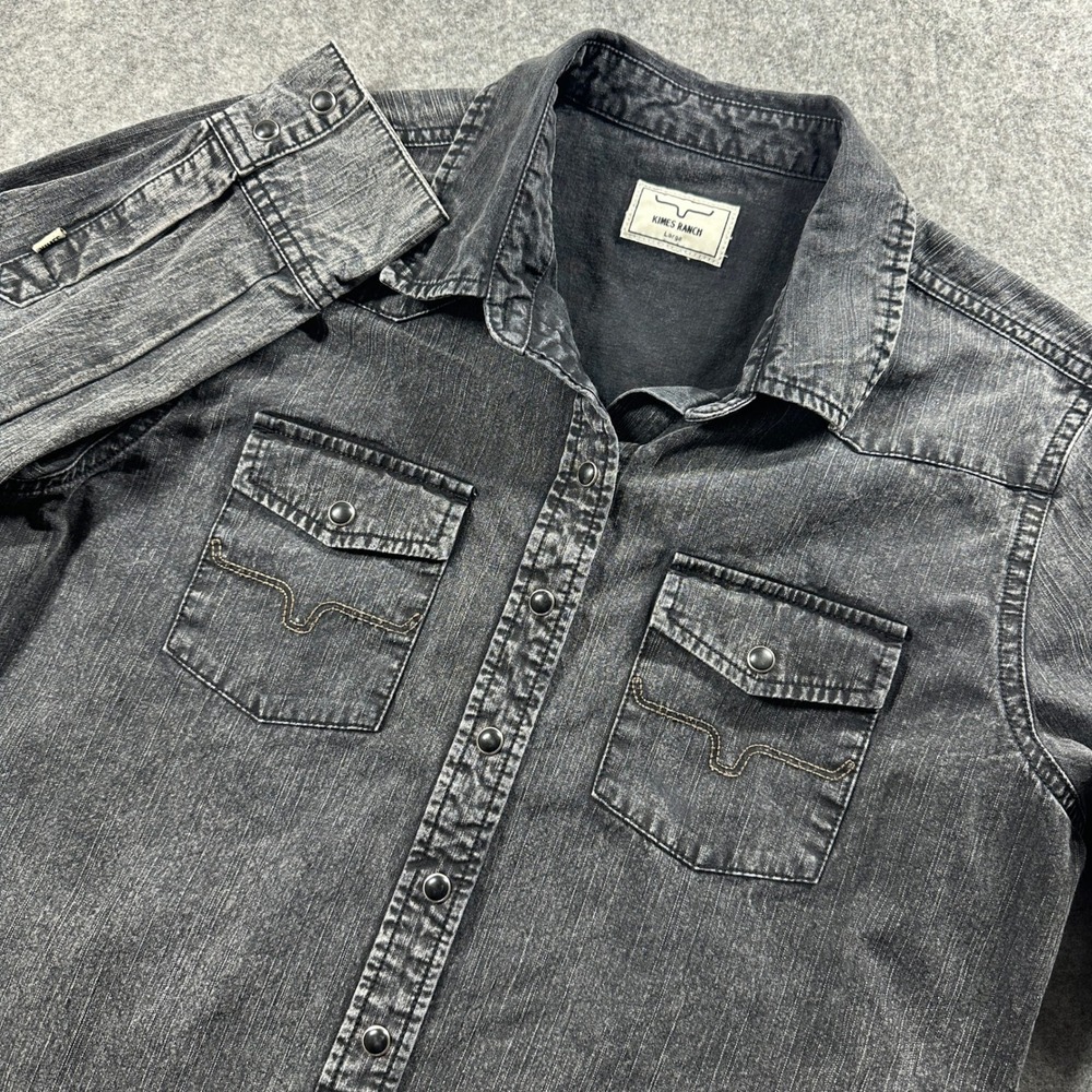 Kimes Ranch Western Shirt Womens Large Black Acid Wash Snap Button Denim